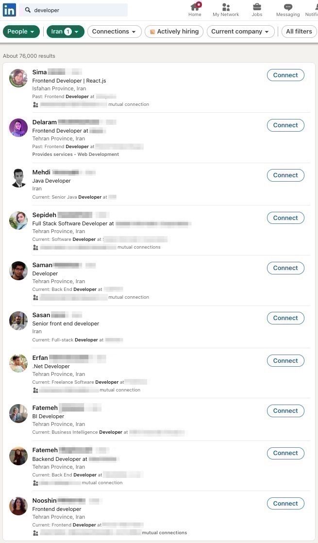 Developers in Iran - LinkedIn search