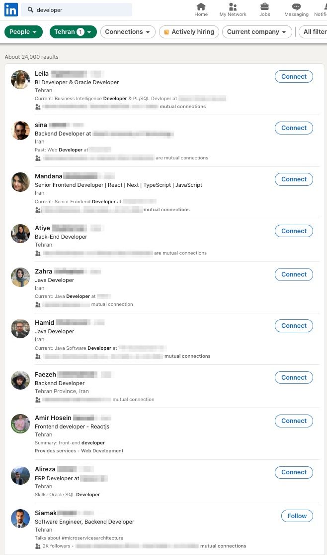 Developers in Tehran - LinkedIn search