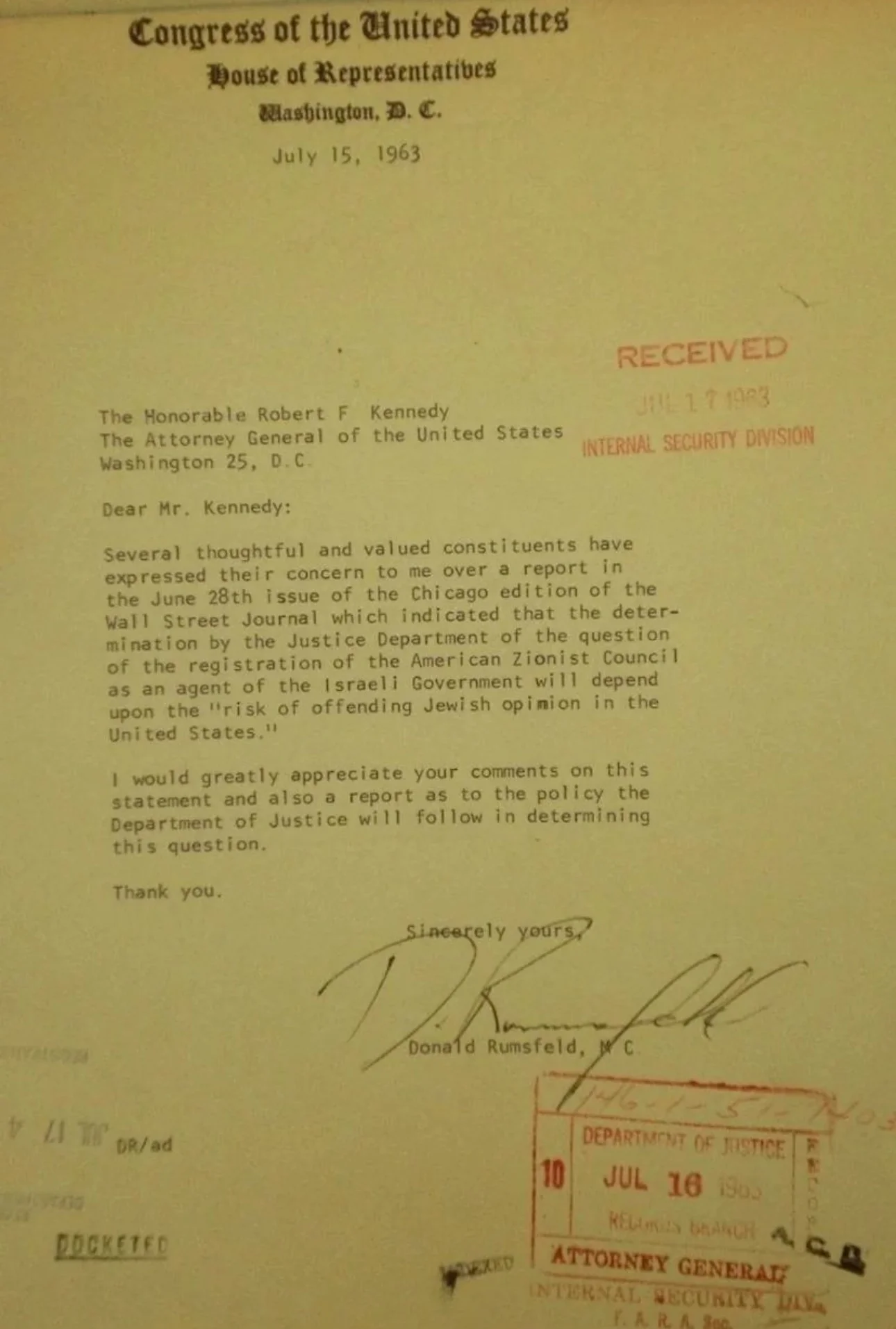 Robert Kennedy's letter to recognize AZC, former name of AIPAC, as a Izraeli foreign agency.