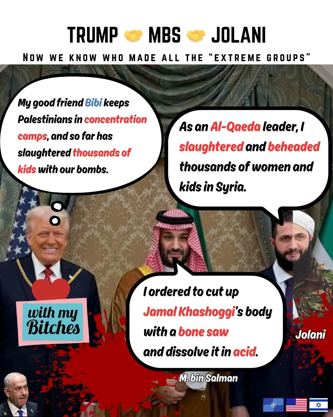 MEME: Trump met his bitches: Mohammed bin Salman and Joulani who was an Al-Qaeda leader!!!