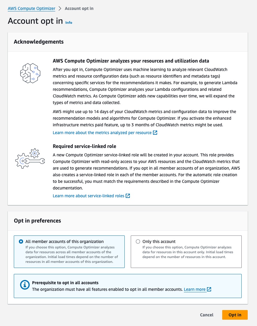 Compute Optimizer opt-in page