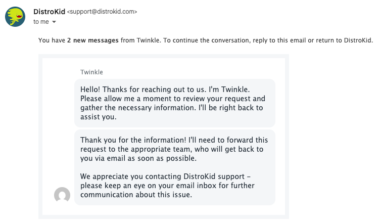 DistroKid's initial response
