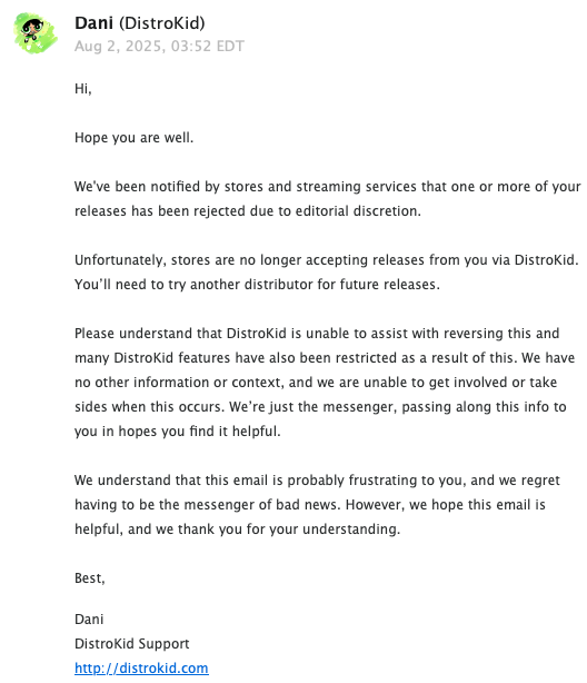 DistroKid's support disappeared