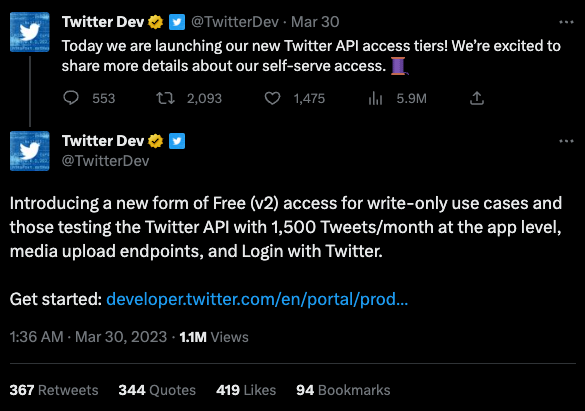Twitter Dev Tweet about pricing change