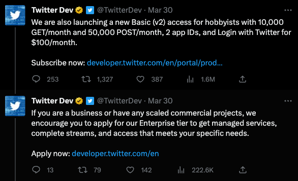 Twitter Dev Tweet about pricing change
