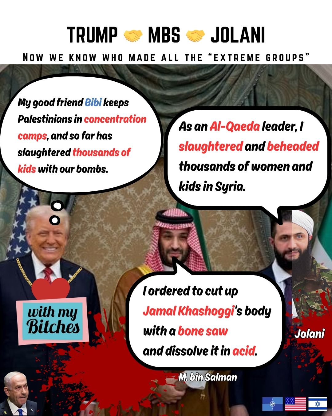 MEME: Trump met his bitches: Mohammed bin Salman and Joulani who was an Al-Qaeda leader!!!